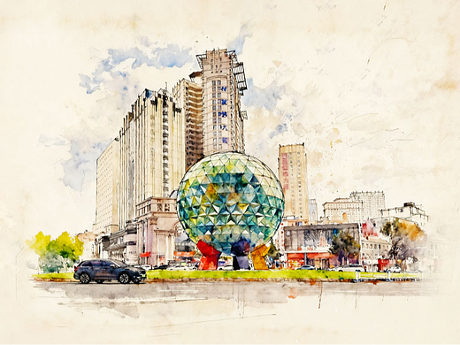 大连友好广场水彩风景插画