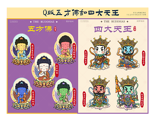 Q版卡通 - 五方佛和四大天王