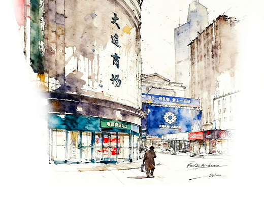大连商场商业街一角风景线描水彩插画