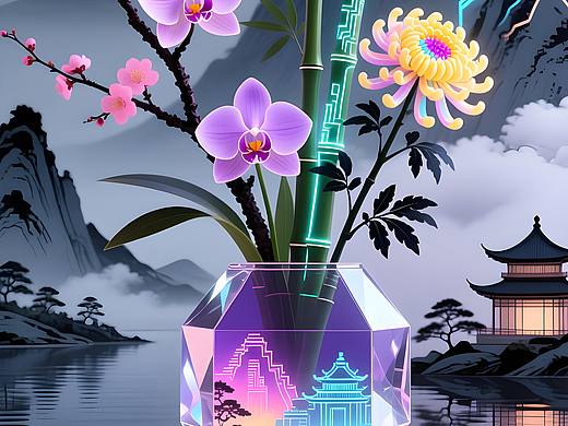 赛博国风插花:传统与未来的美学共生