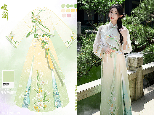 新中式女装设计|百合花清冷连衣裙套装