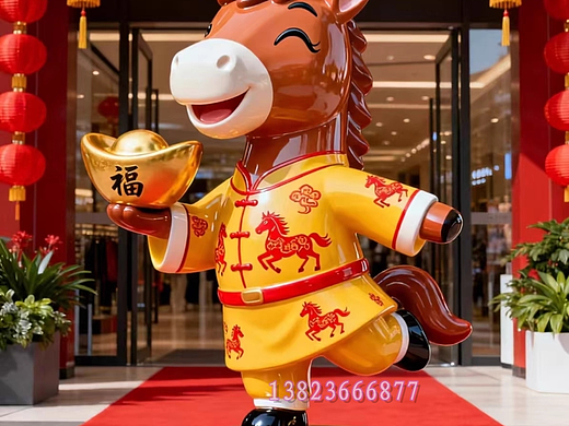 玻璃钢马年ip形象文创美陈雕塑,贺新年布置景观小品