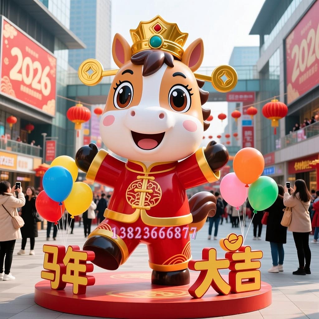 玻璃钢马年ip形象文创美陈雕塑,贺新年布置景观小品