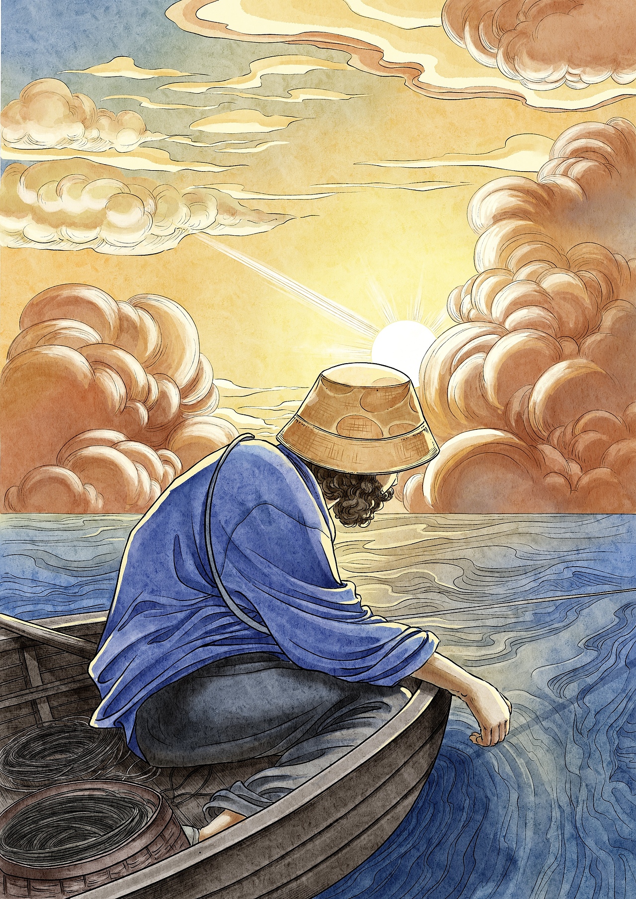 《老人与海》插图（图ZMzk4NjY5MjI0） - 绘本 - 站酷设计师小红帽lh原创素材 - 站酷ZCOOL