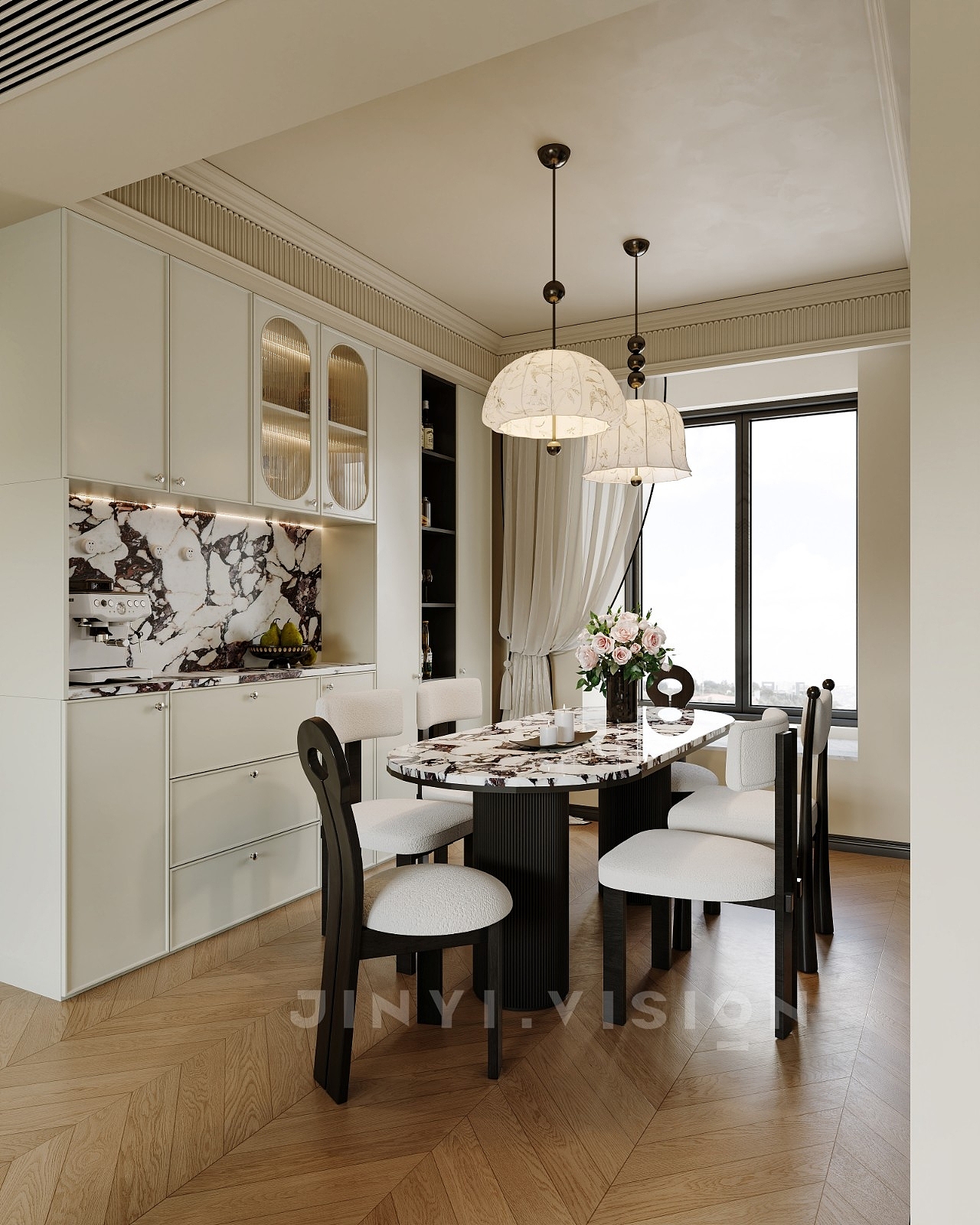 轻奢法式餐厅,大理石纹理与柔光灯影的精致烟火气