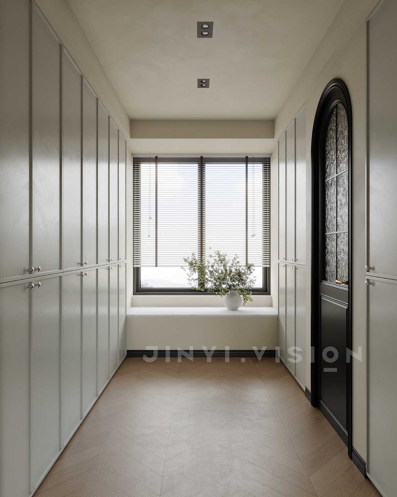 极简法式衣帽间,通顶柜体与自然采光的收纳艺术