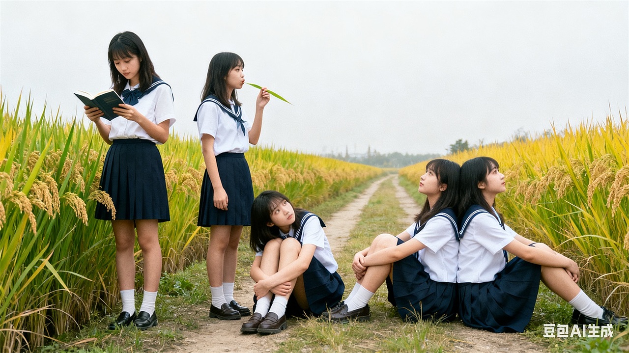稻田JK组照，与AI生成参考。拍照姿势风格