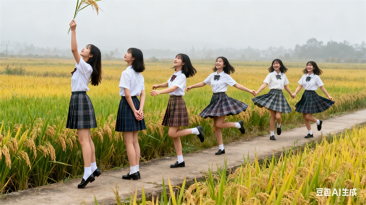 稻田JK组照，与AI生成参考。拍照姿势风格