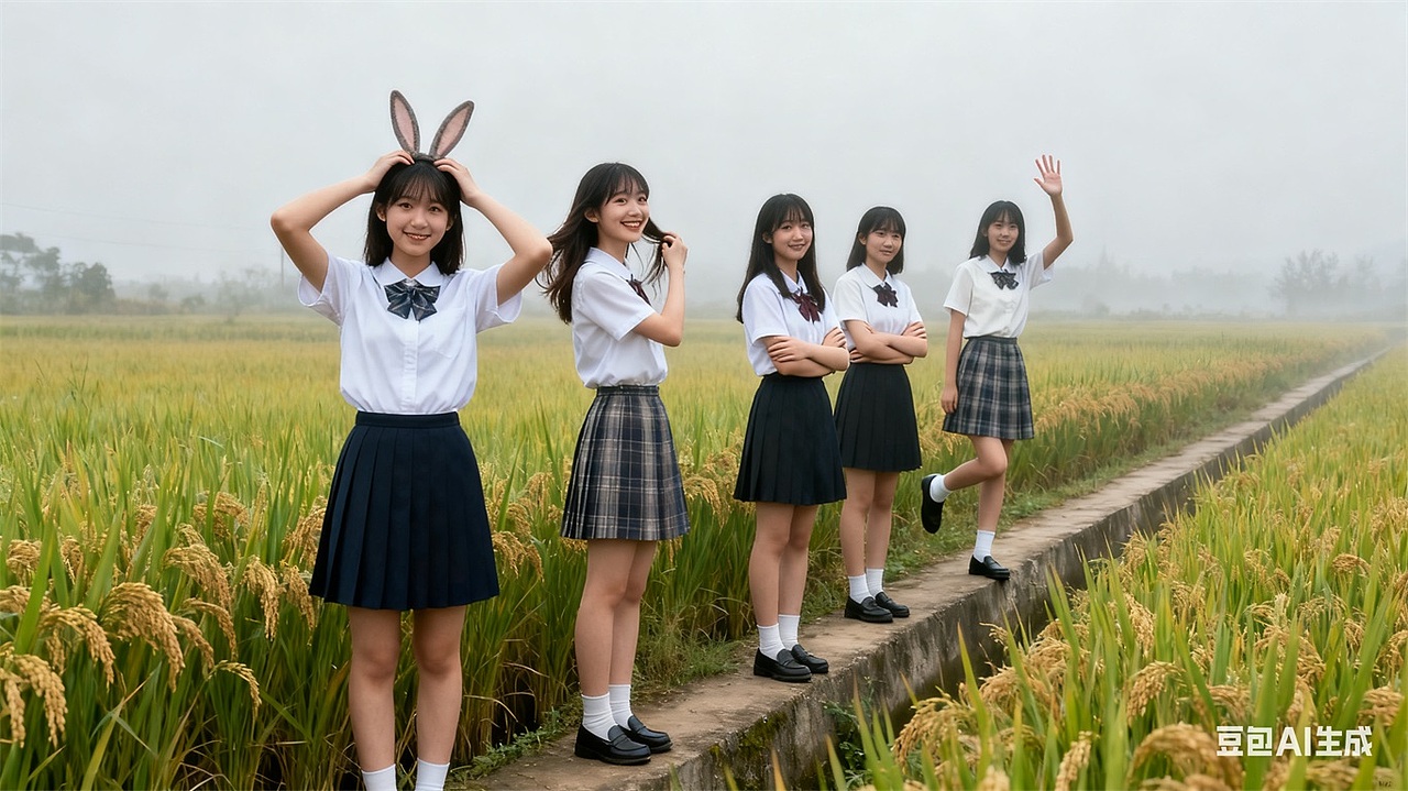 稻田JK组照，与AI生成参考。拍照姿势风格