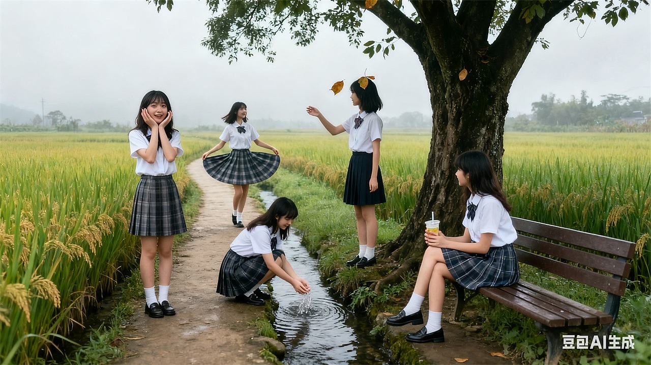 稻田JK组照，与AI生成参考。拍照姿势风格