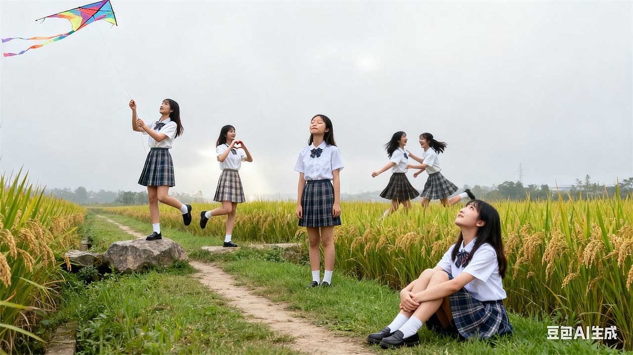 稻田JK组照，与AI生成参考。拍照姿势风格