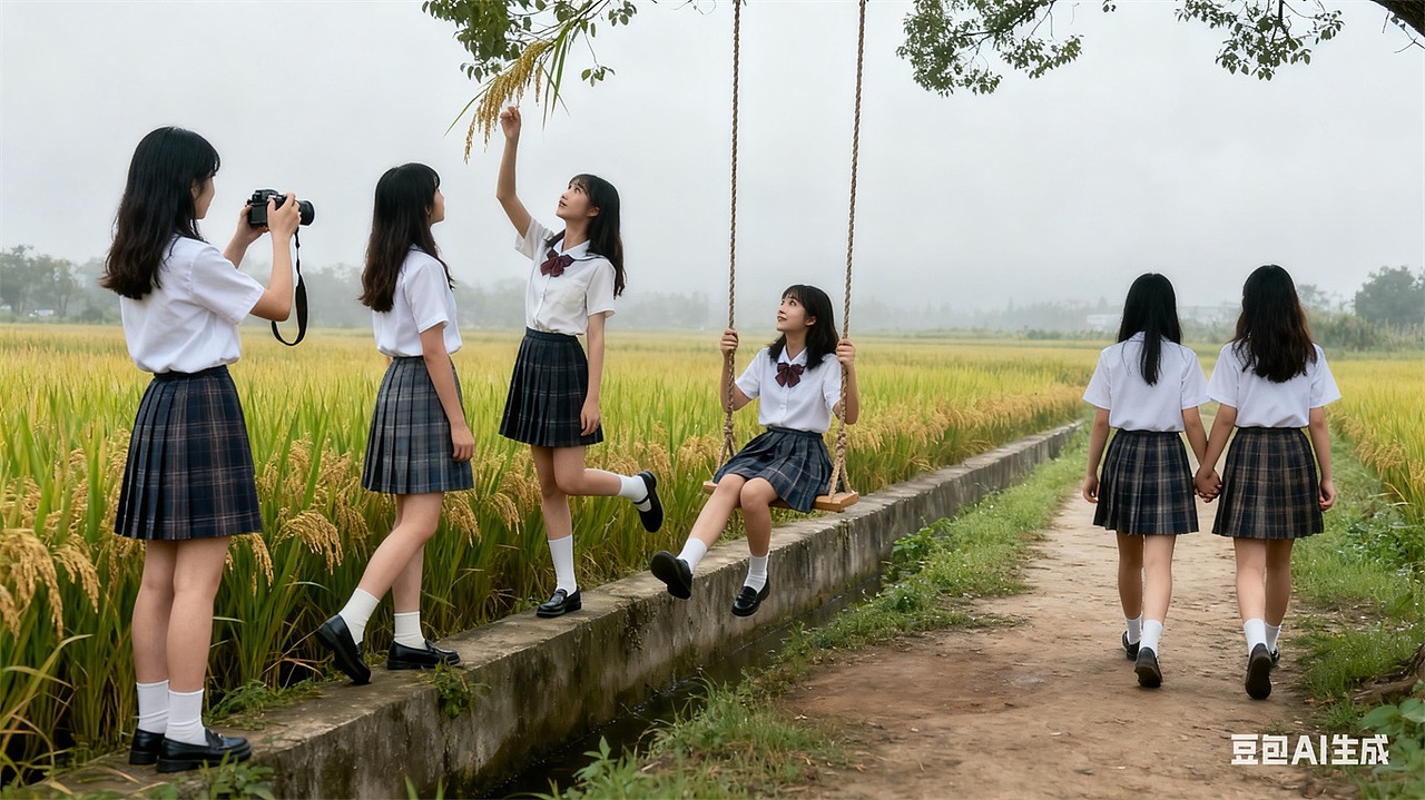 稻田JK组照，与AI生成参考。拍照姿势风格