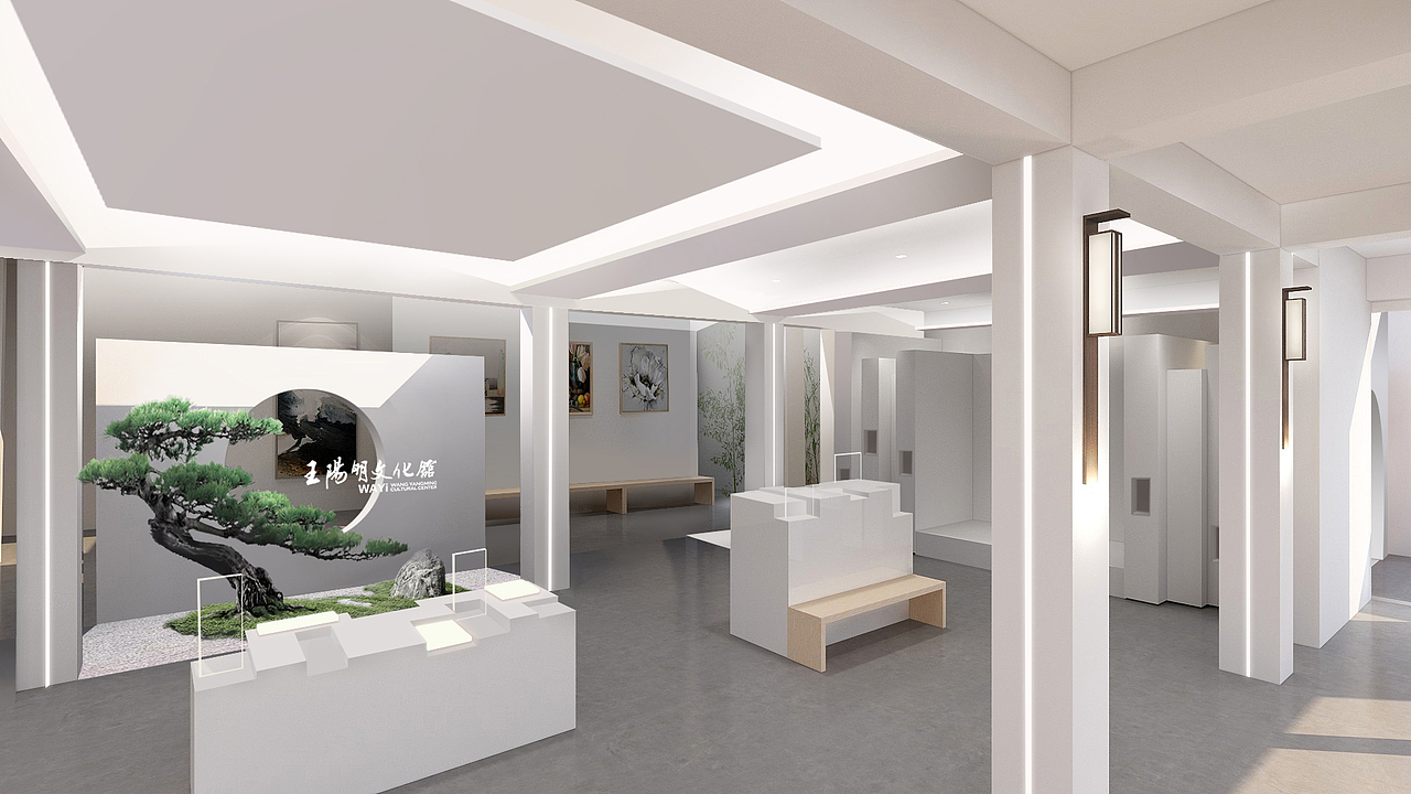 【大厅】平时用做文创展示区，设计的有文创展示台，根据吧台区空置尺寸设计，不用的时候可挪到吧台区右侧和下方，这样整个空间的作用就不受限制