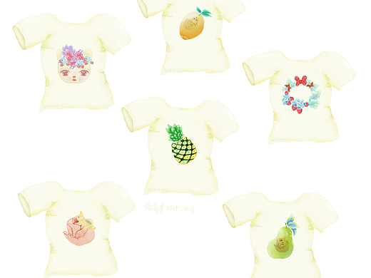 我的原创板绘清新可爱童趣卡通动物植物水果服装印花T