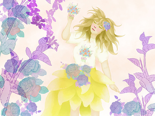 我的原创板绘梦幻森林清新唯美可爱少女花卉植物服装设