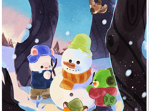 冬季堆雪人|儿童插画