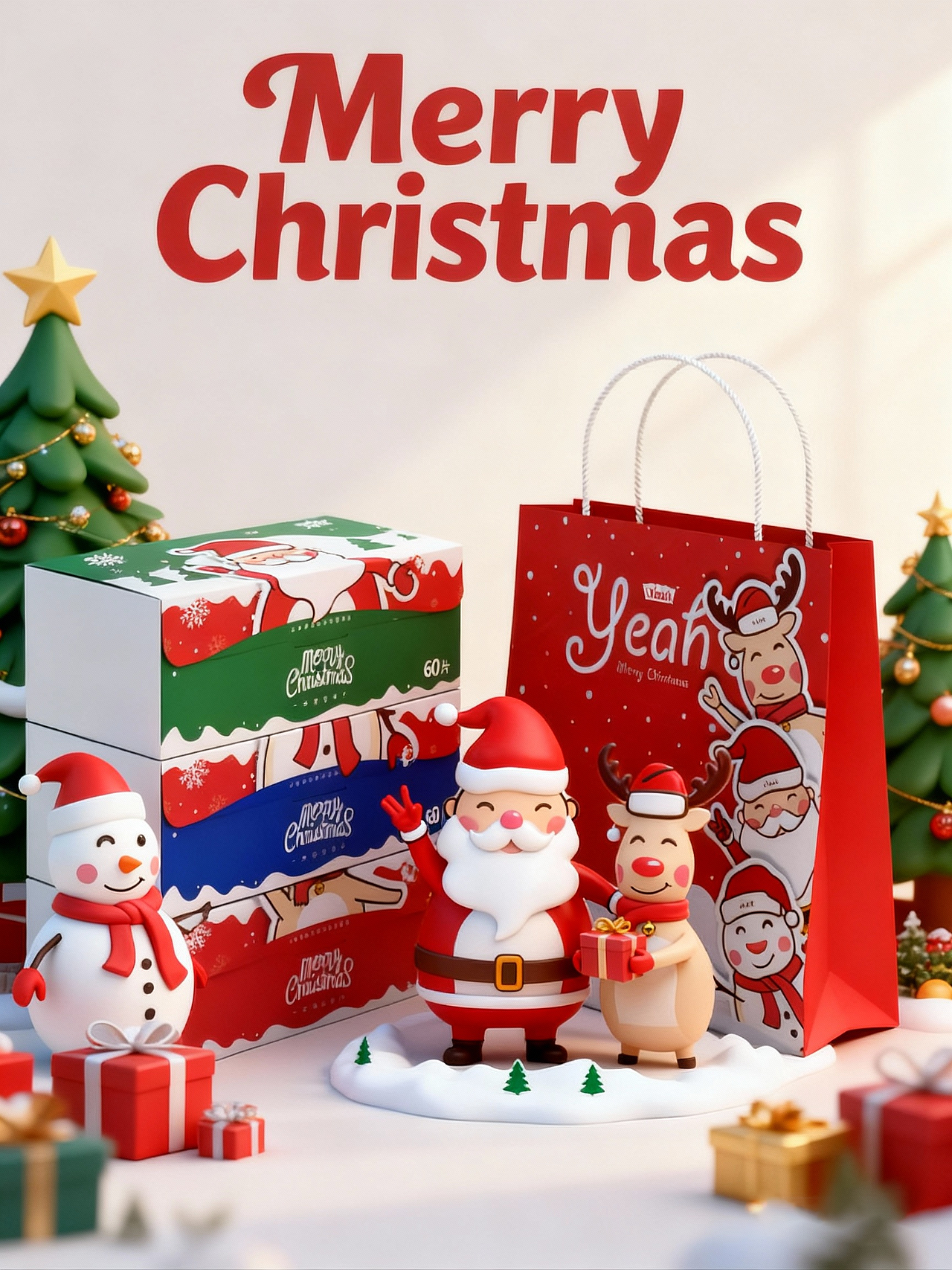 圣诞节款的棉柔巾包装及小IP设计