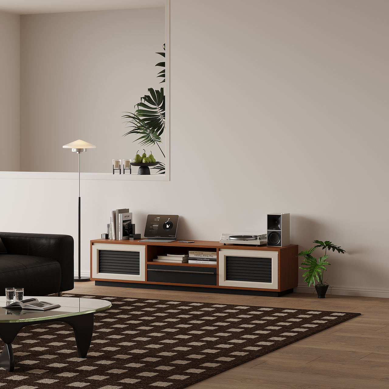 暖棕拼色百叶电视柜