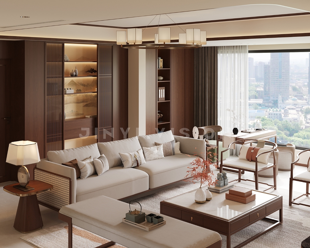 新中式客厅｜大理石与木韵交织的雅致会客空间