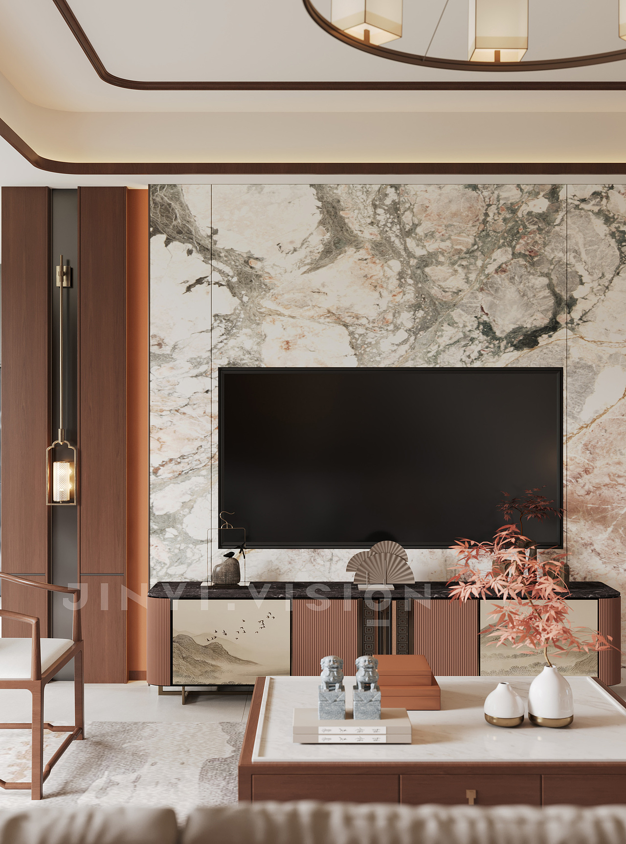 新中式客厅｜大理石与木韵交织的雅致会客空间