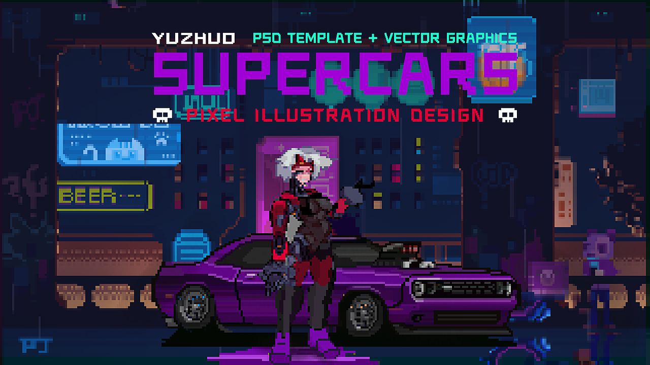 赛博朋克像素超跑・猩红机甲猎手