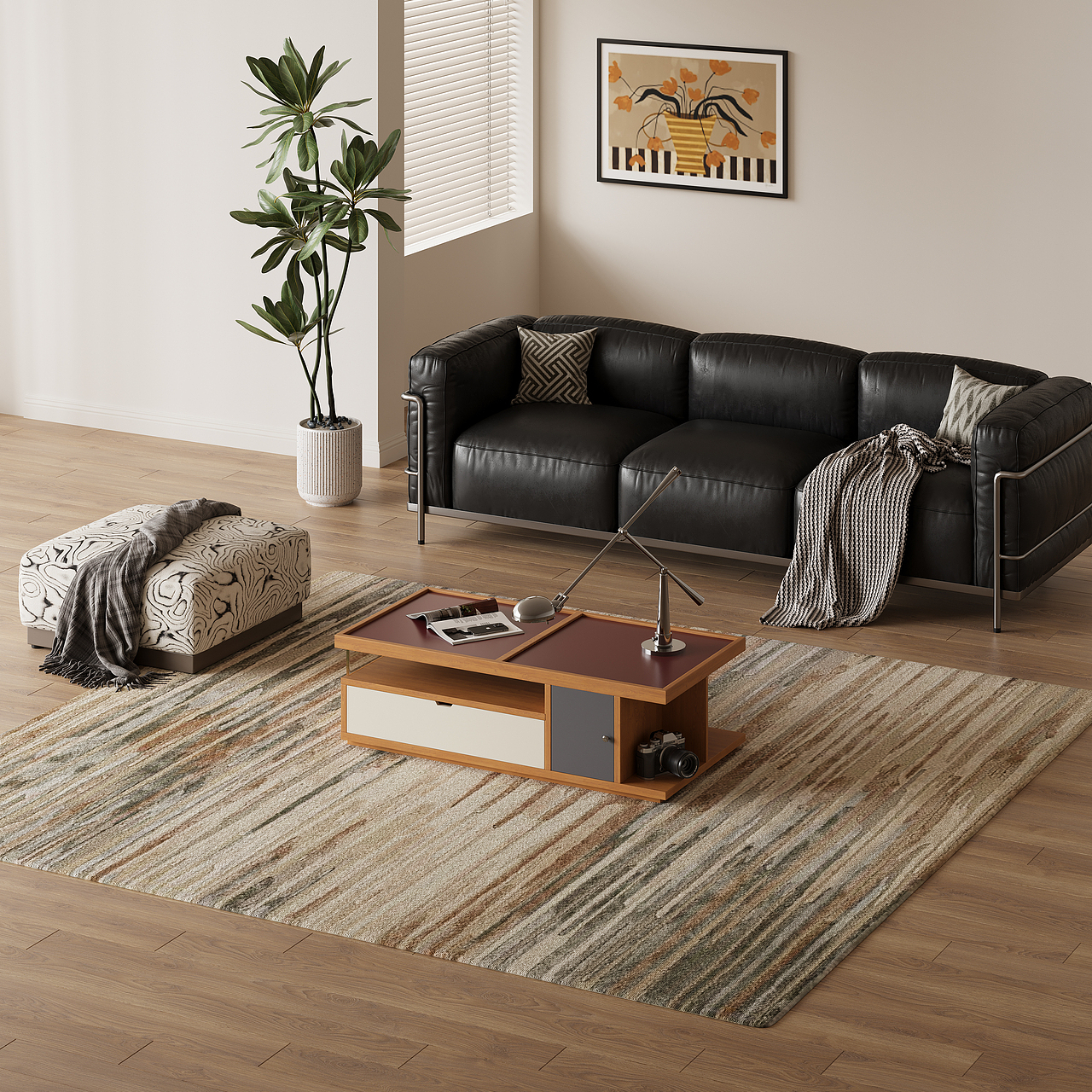 白蓝实木不规则拼接茶几