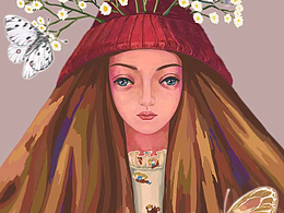 花·蝴蝶·少女插画   