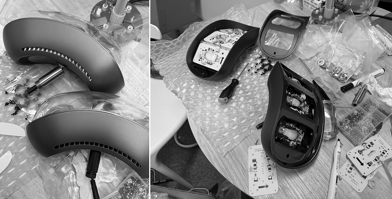 优化最后的1%
亲手组装样机。优化每一个部件的组装方式和顺序,甚至一颗螺丝。<br>使用马克笔把PCB主板变成黑色,并进行ID对比和光学测试。