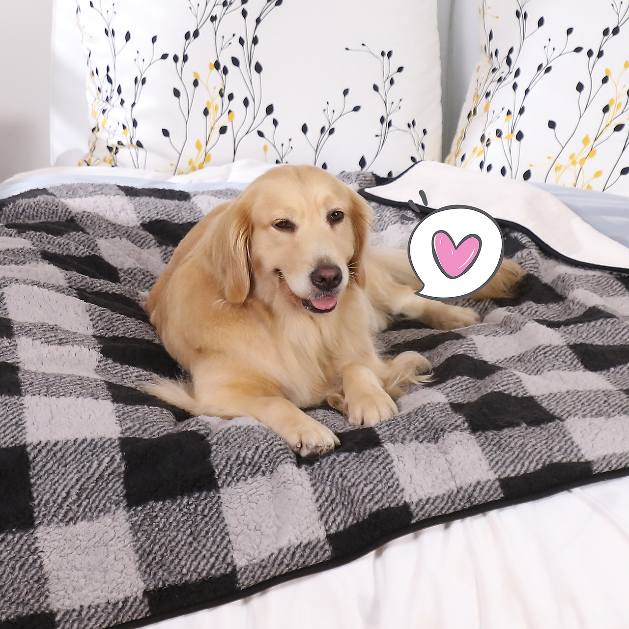 格子印花舒棉绒防水宠物毛毯-黑色 