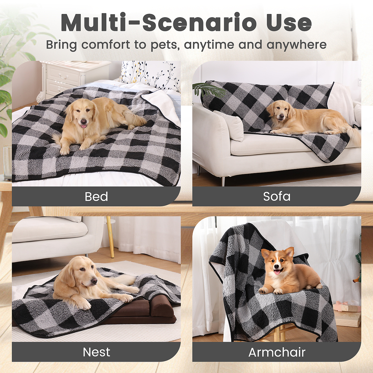 格子印花舒棉绒防水宠物毛毯-黑色 