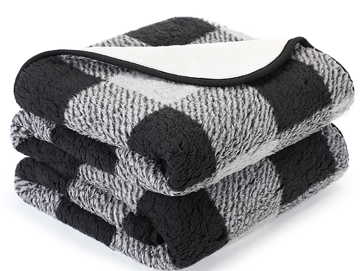 格子印花舒棉绒防水宠物毛毯-黑色 