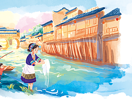 旅游景点儿童水彩插画