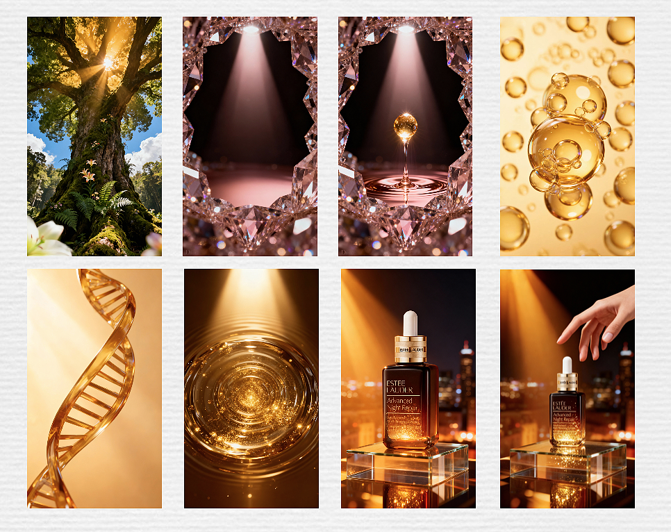 【AI视频创意-05】雅诗兰黛小棕瓶（电影级镜头切换+多景别、多视角、多维度画面演化+分段配乐剪辑）