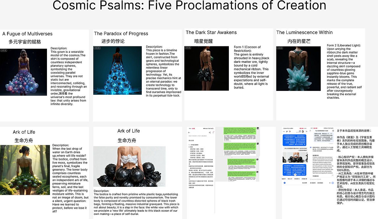 本系列所有造型设计、哲学内核与视觉体系，均系本人独立原创构建。AI在此过程中作为灵感碰撞与素材预处理的工具。
<br>【创世蓝图】<br>· 星空宇宙：将黑洞与星云的宏大，封印于裙摆。<br>· 科技宇宙：在齿轮与代码中，寻找科技的诗意。<br>· 矿石宇宙：让沉睡的地底能量，焕发晶体之光。<br>· 生态宇宙 ：将微型星球穿戴，礼赞生命本身。<br>· 警示宇宙：以文明废料为材，追问生存与未来。<br><br>这不是五套服装，而是五个可穿戴的平行世界。<br>版权已登记，仿冒必究。<br><br>---<br>