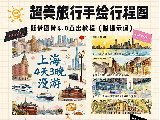 提示词直出‼️旅行手绘行程图即梦4.0教程