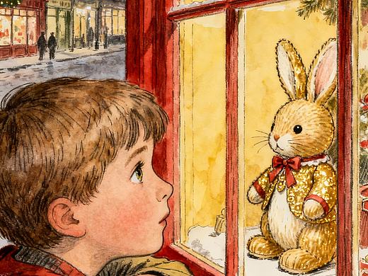 插画守在橱窗前的孩子｜AI 灵感日历