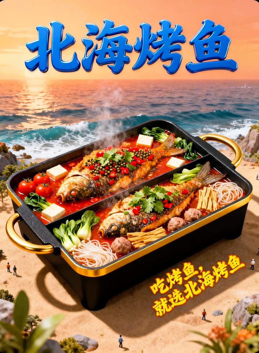 既梦AI设计北海烤鱼海报包装袋设计/AIGC设计/