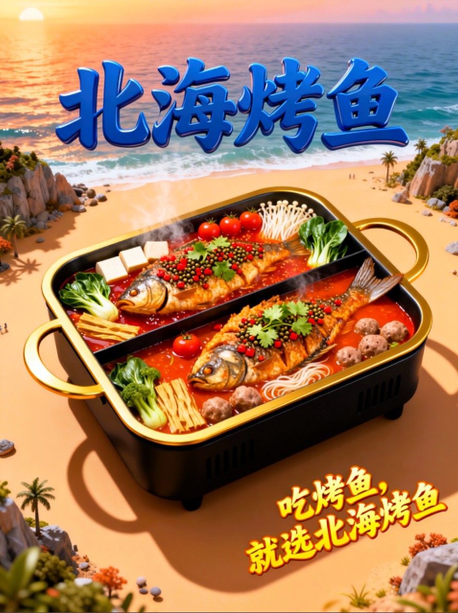 既梦AI设计北海烤鱼海报包装袋设计/AIGC设计/