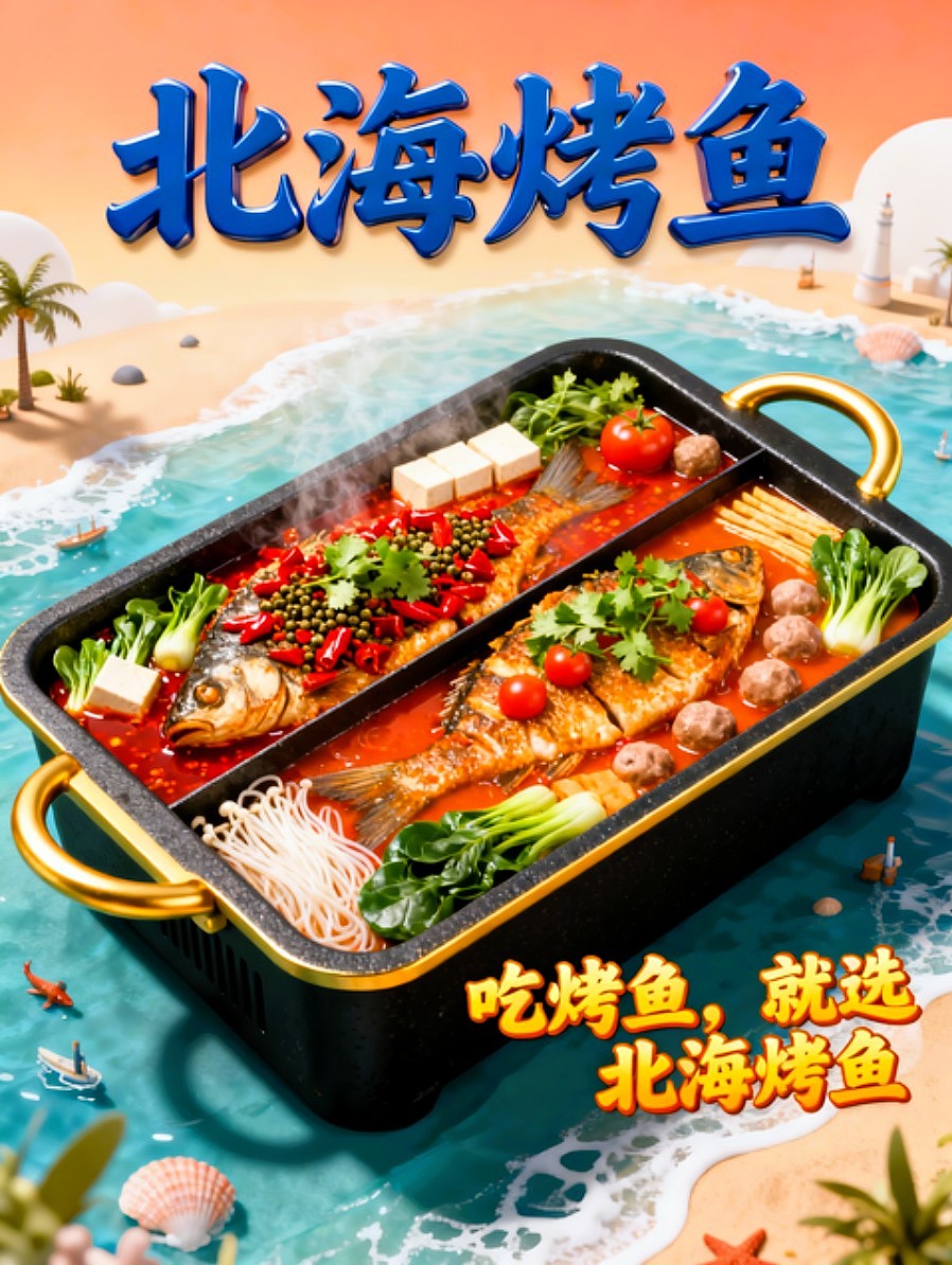 既梦AI设计北海烤鱼海报包装袋设计/AIGC设计/