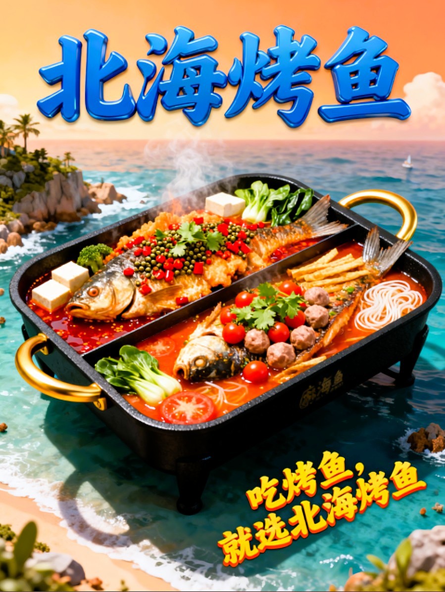既梦AI设计北海烤鱼海报包装袋设计/AIGC设计/