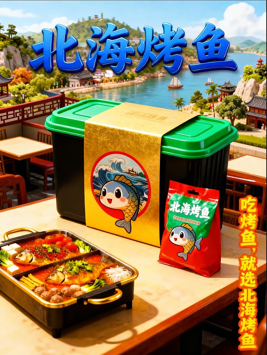 既梦AI设计北海烤鱼海报包装袋设计/AIGC设计/
