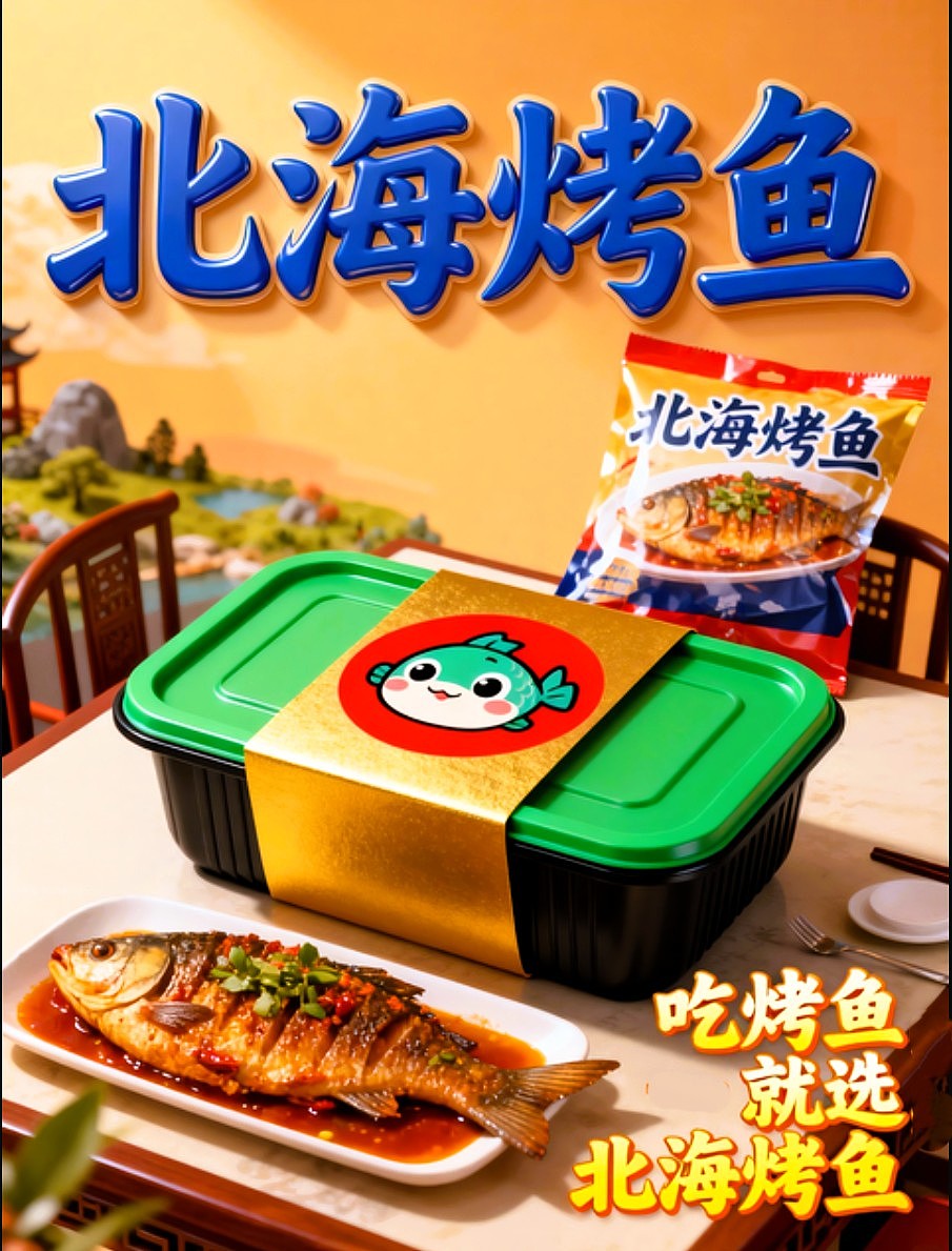既梦AI设计北海烤鱼海报包装袋设计/AIGC设计/
