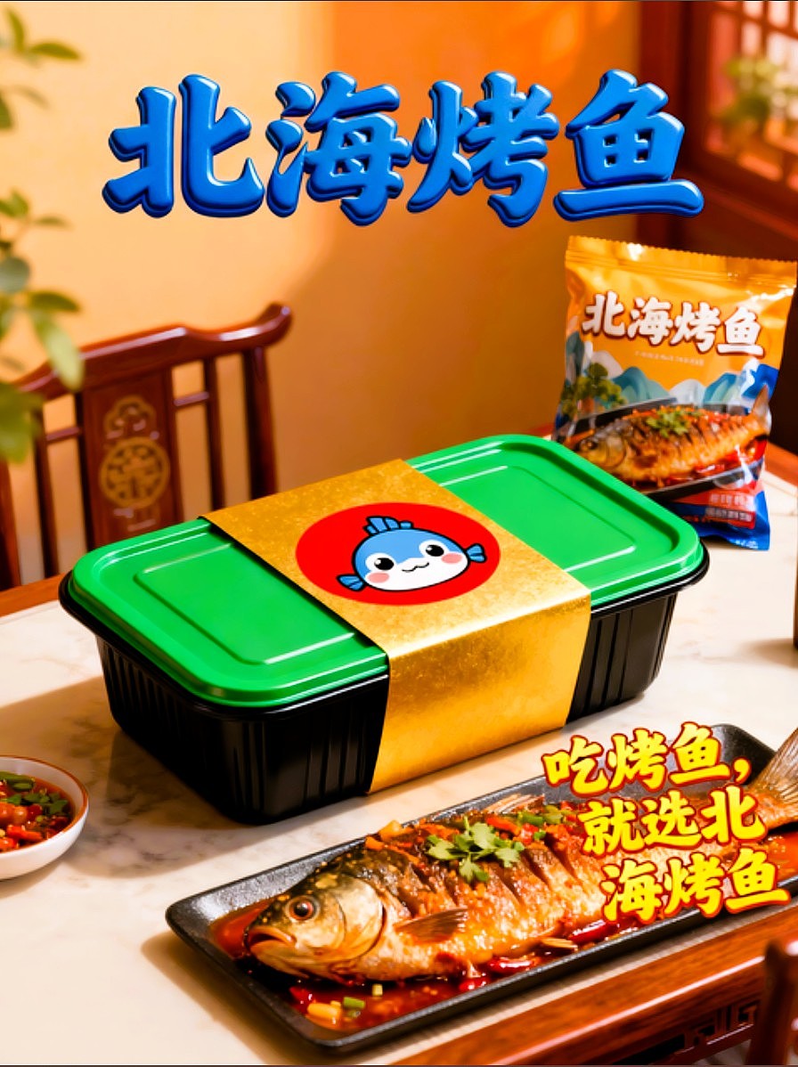 既梦AI设计北海烤鱼海报包装袋设计/AIGC设计/