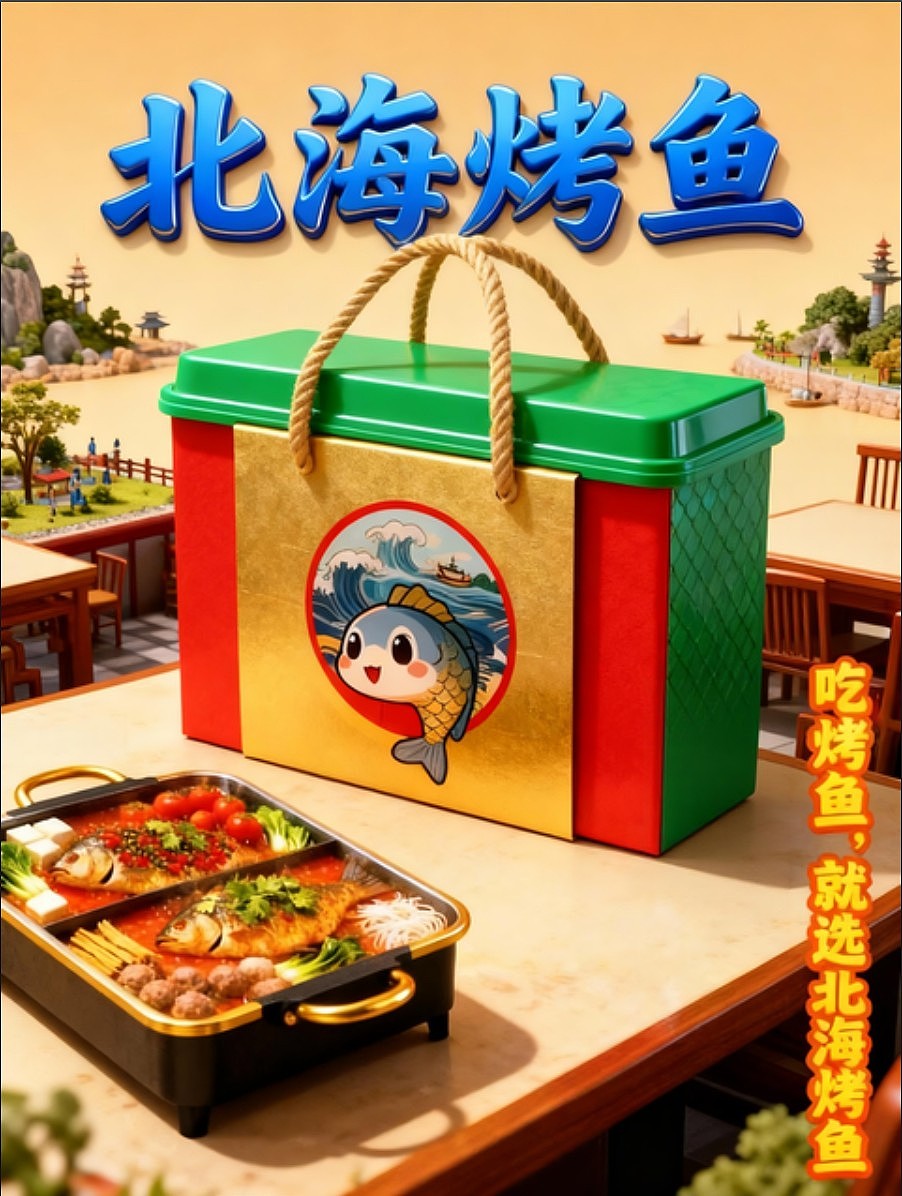 既梦AI设计北海烤鱼海报包装袋设计/AIGC设计/