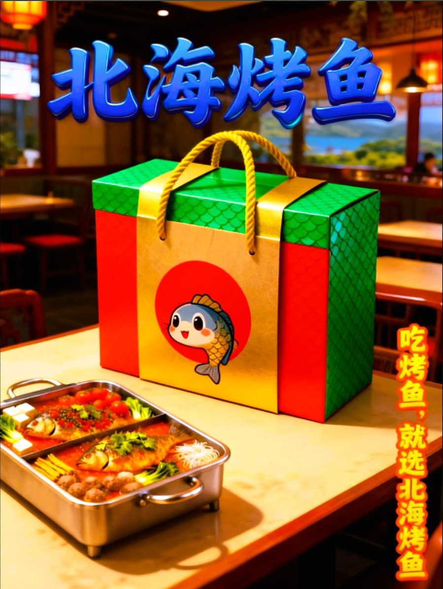 既梦AI设计北海烤鱼海报包装袋设计/AIGC设计/