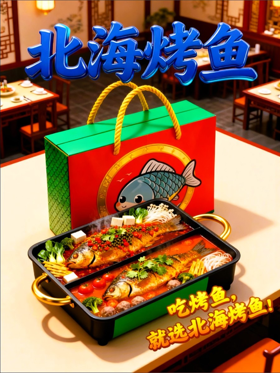 既梦AI设计北海烤鱼海报包装袋设计/AIGC设计/