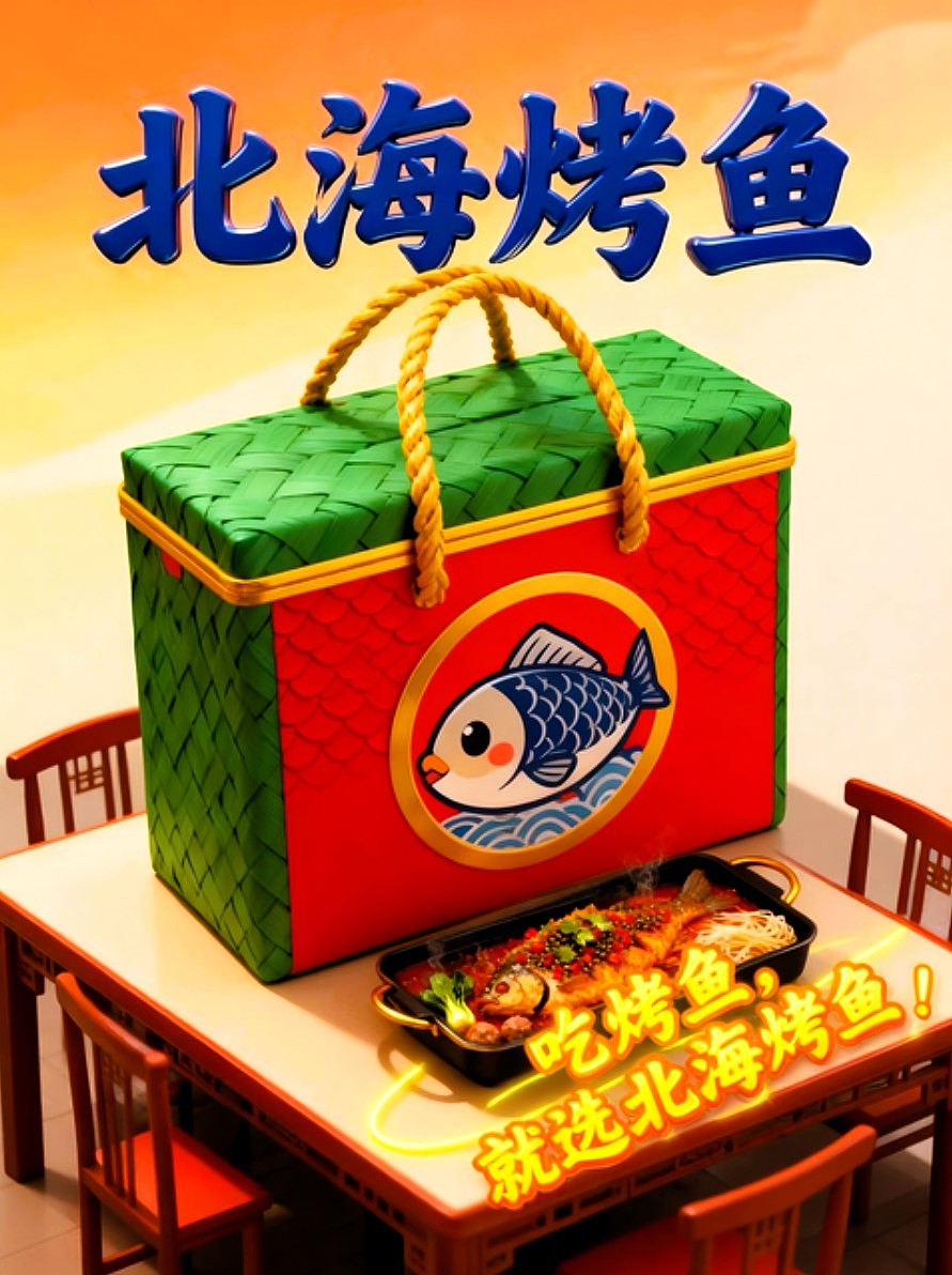 既梦AI设计北海烤鱼海报包装袋设计/AIGC设计/