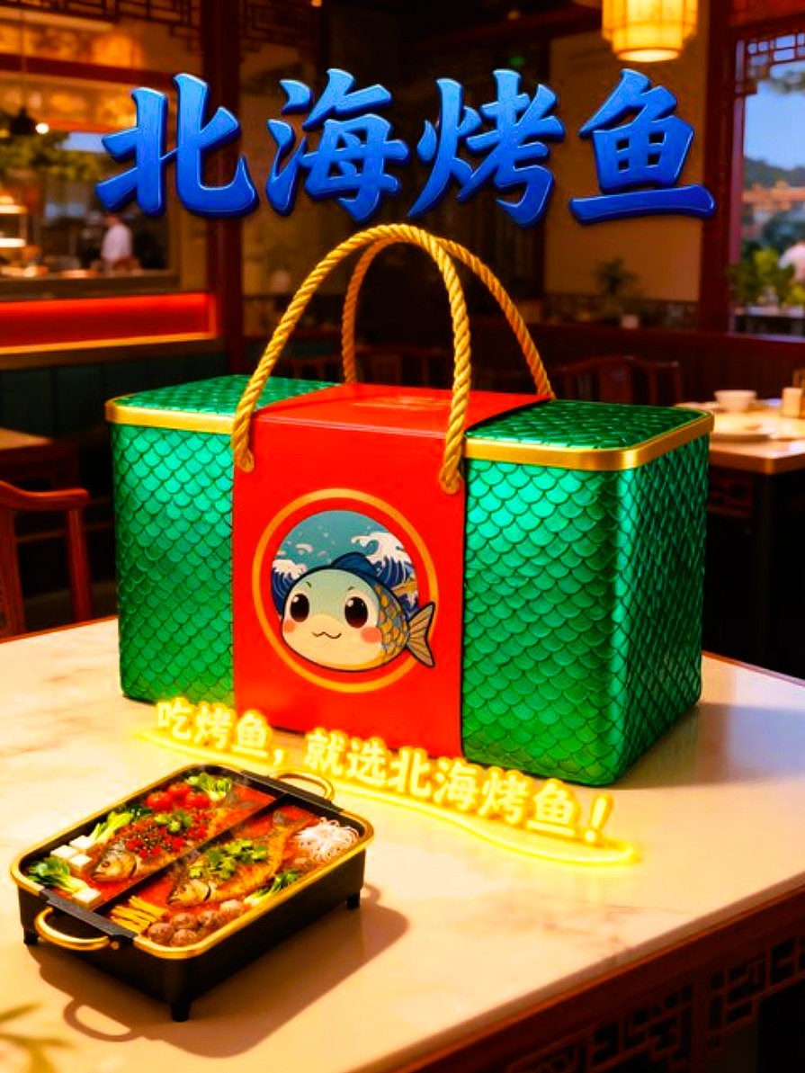 既梦AI设计北海烤鱼海报包装袋设计/AIGC设计/