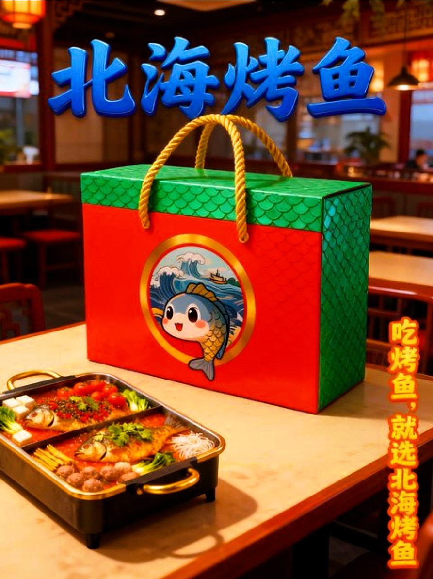 既梦AI设计北海烤鱼海报包装袋设计/AIGC设计/