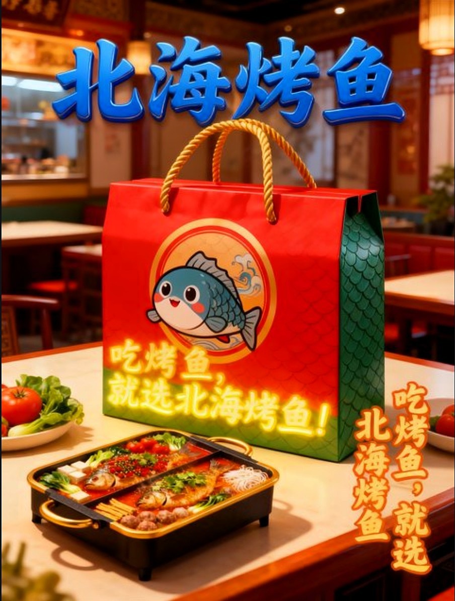 既梦AI设计北海烤鱼海报包装袋设计/AIGC设计/